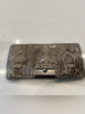 Coach Taupe Snakeskin-Print Leather Clutch with Gunmetal Turn-Lock